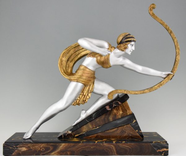 Diana with bow Art Deco sculpture woman aiming on a marble base