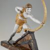 Diana with bow Art Deco sculpture woman aiming on a marble base