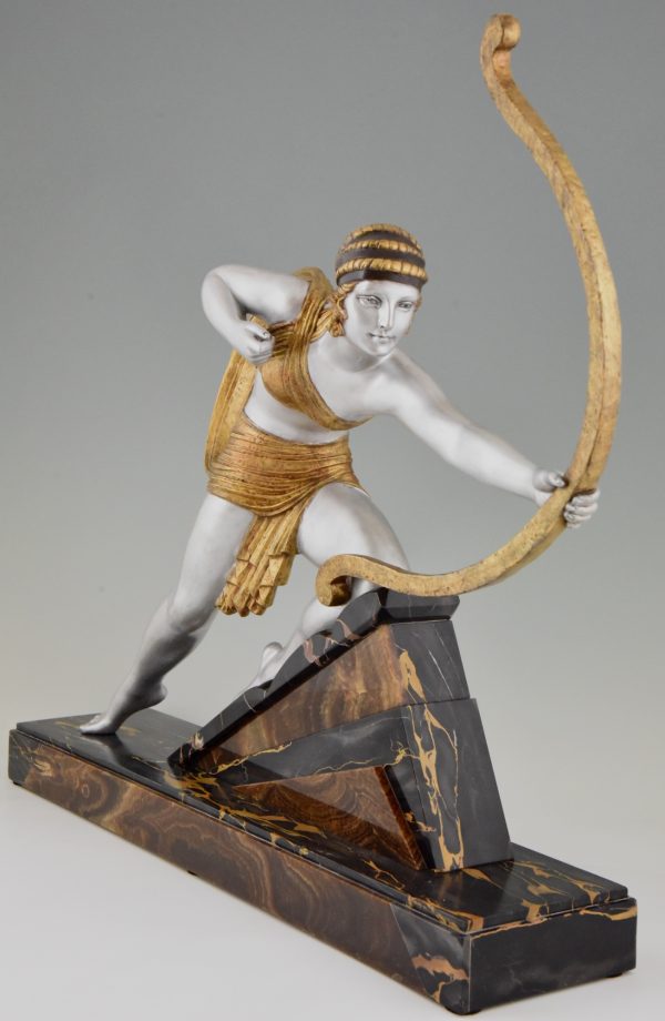 Diana with bow Art Deco sculpture woman aiming on a marble base