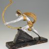 Diana with bow Art Deco sculpture woman aiming on a marble base
