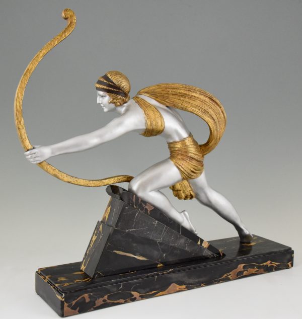 Diana with bow Art Deco sculpture woman aiming on a marble base