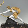 Diana Art Deco sculptuur vrouw met boog op marmeren sokkel