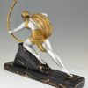 Diana Art Deco sculptuur vrouw met boog op marmeren sokkel