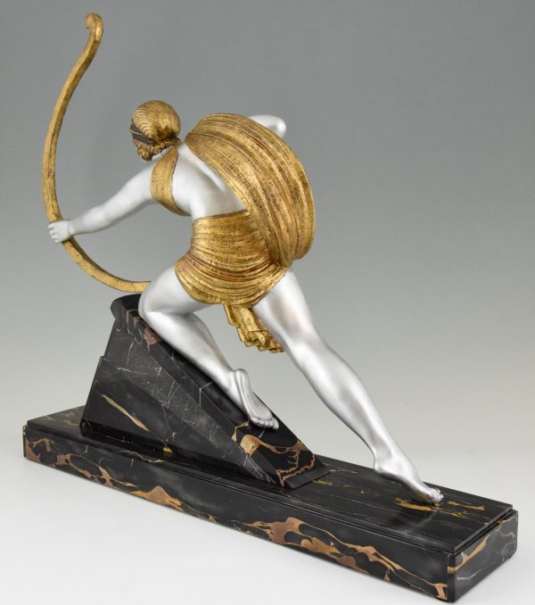 Diana with bow Art Deco sculpture woman aiming on a marble base