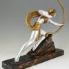 Diane à l’arc Art Deco sculpture femme visant sur soccle en marbre