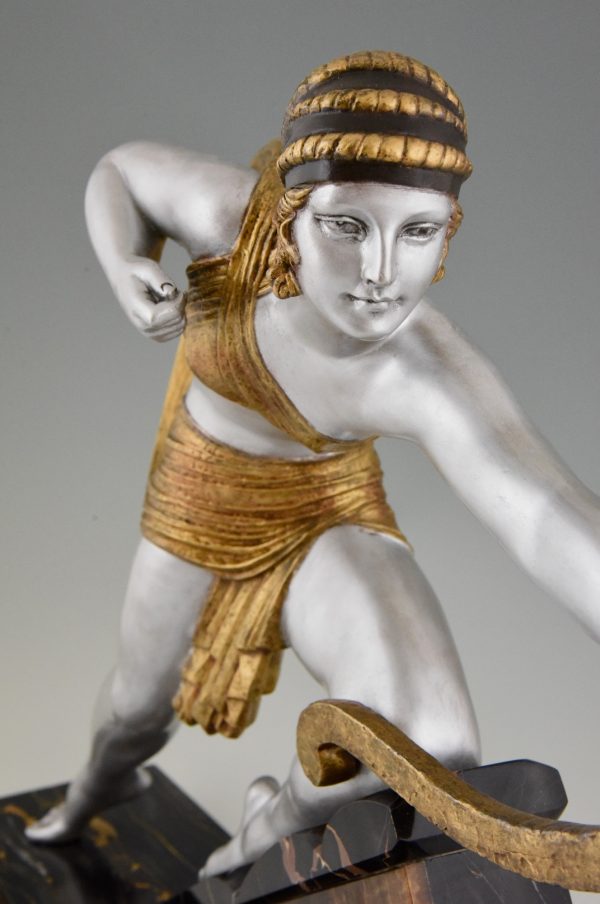 Diana with bow Art Deco sculpture woman aiming on a marble base