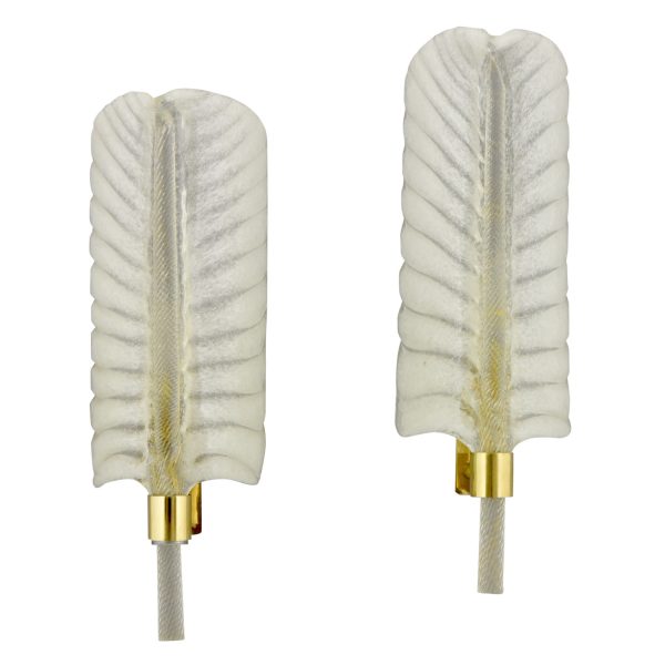 Pair of feather shaped glass and gilt brass sconces