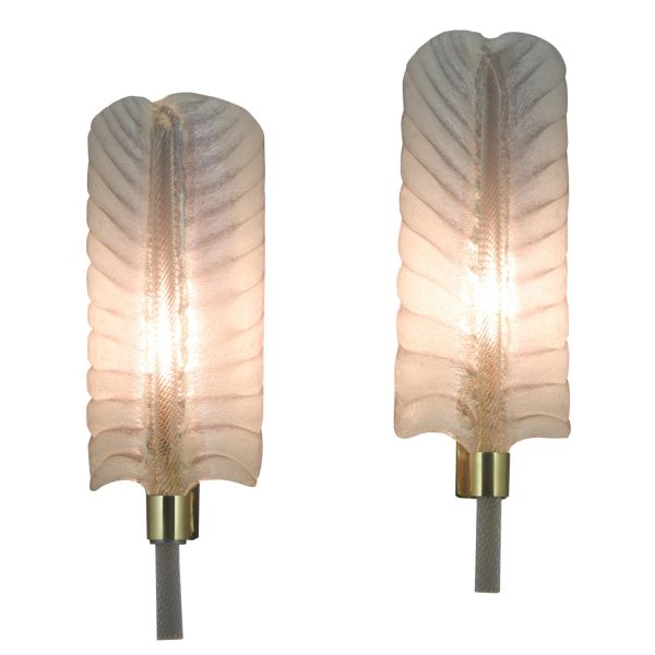 Pair of feather shaped glass and gilt brass sconces