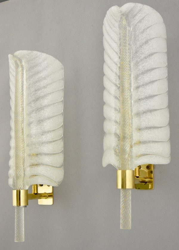 Pair of feather shaped glass and gilt brass sconces