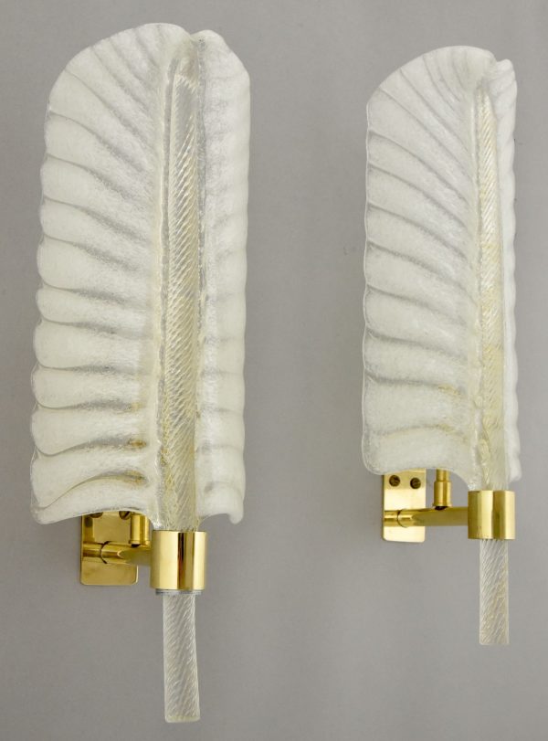 Pair of feather shaped glass and gilt brass sconces