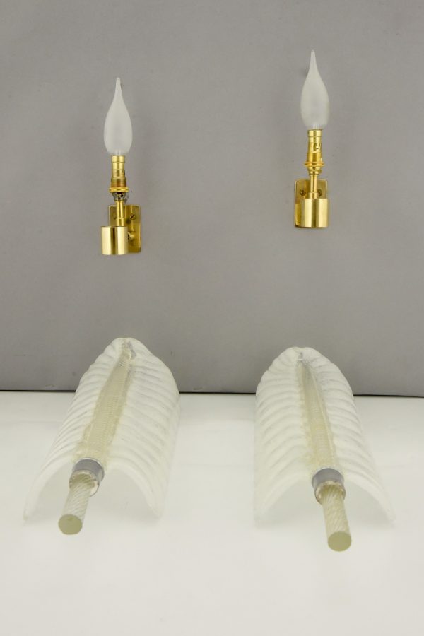 Pair of feather shaped glass and gilt brass sconces