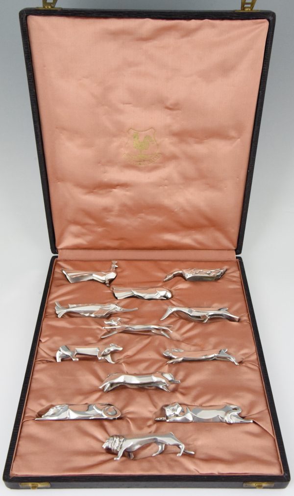 Art Deco 12 porte couteaux animaux metal argenté avec ecrin