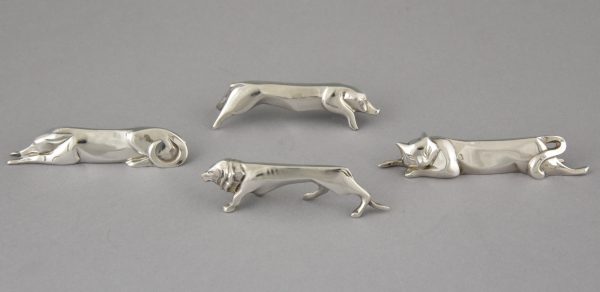 12 Art Deco versilberte Messerbänkchen Tiere in Schatule