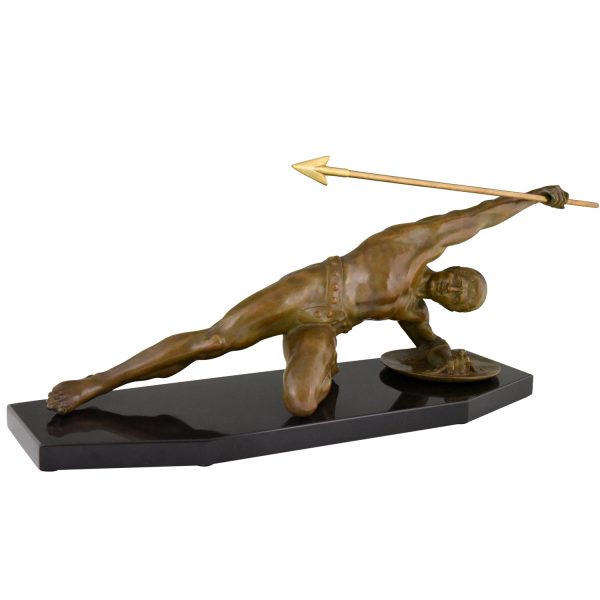 Art Deco bronzen beeld Gladiator met speer en schild