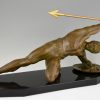 Art Deco bronzen beeld Gladiator met speer en schild