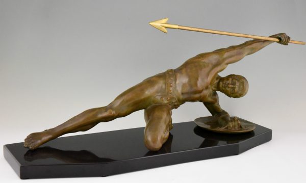 Art Deco bronze sculpture gladiator with spear and shield