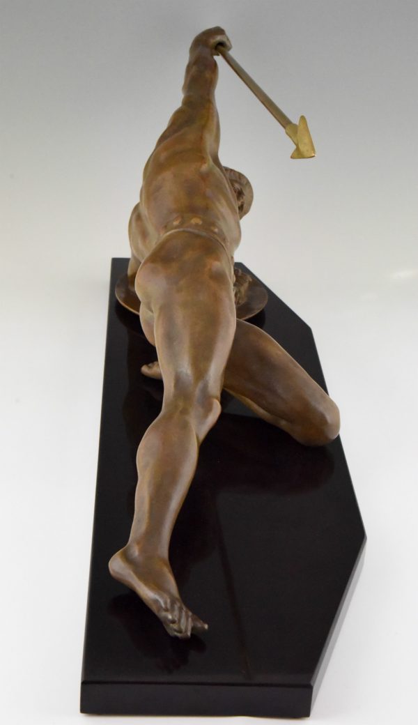 Art Deco bronze sculpture gladiator with spear and shield