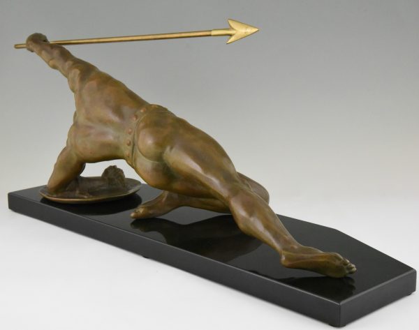 Art Deco bronze sculpture gladiator with spear and shield