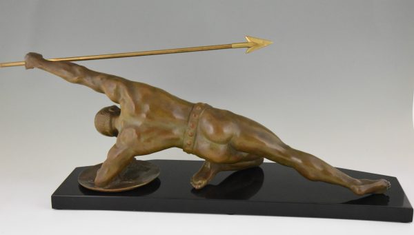 Art Deco bronze sculpture gladiator with spear and shield