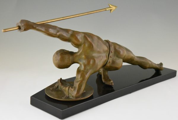 Art Deco bronze sculpture gladiator with spear and shield