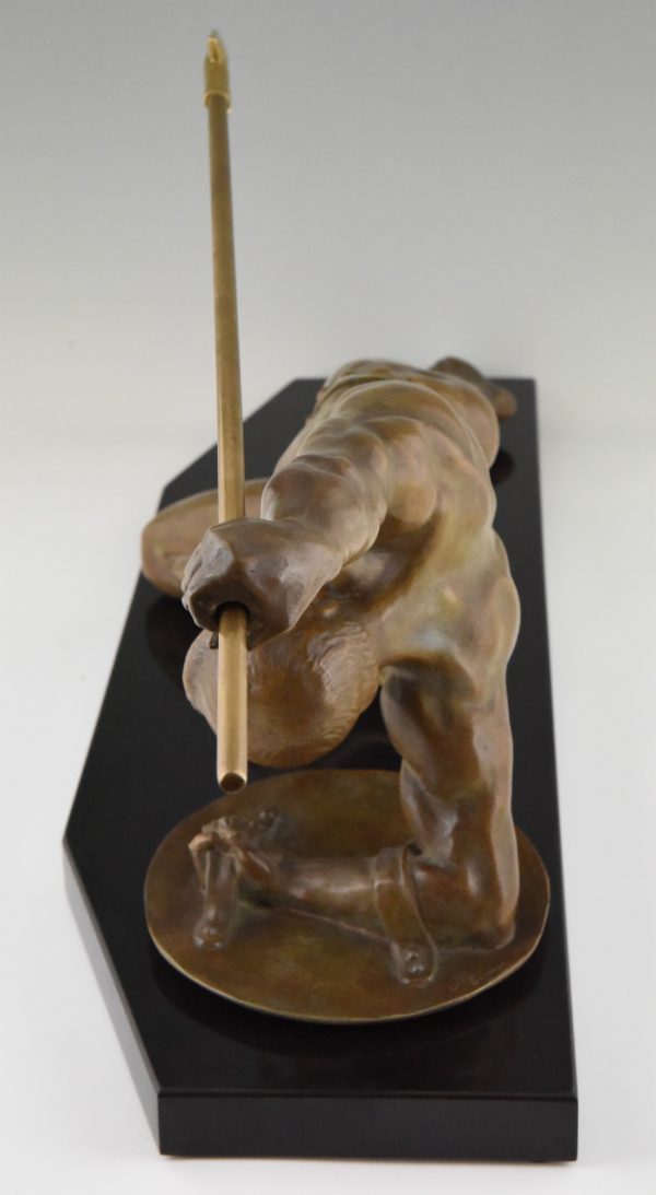 Art Deco bronze sculpture gladiator with spear and shield