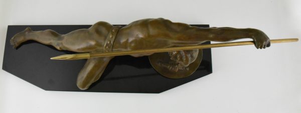 Art Deco bronzen beeld Gladiator met speer en schild