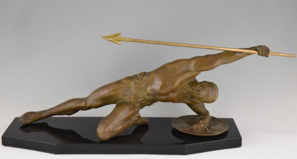 Art Deco bronze sculpture gladiator with spear and shield