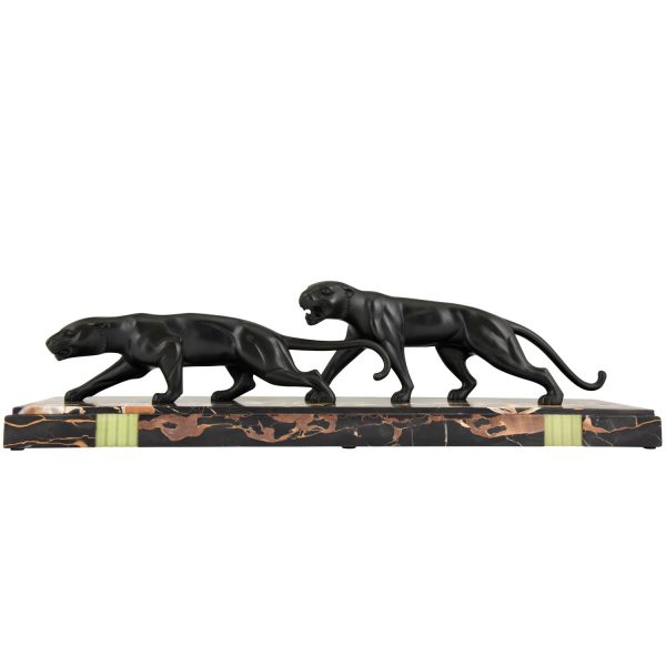 Art Deco bronze sculpture of two panthers