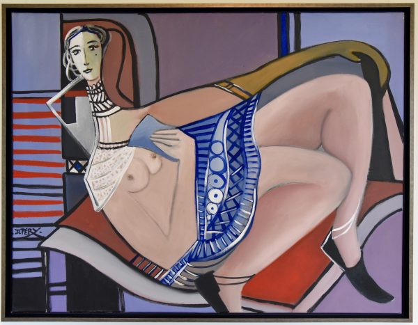 Painting of a nude with blue skirt holding a blue letter