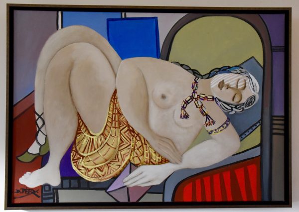 Painting of a nude with gold skirt holding a pink letter