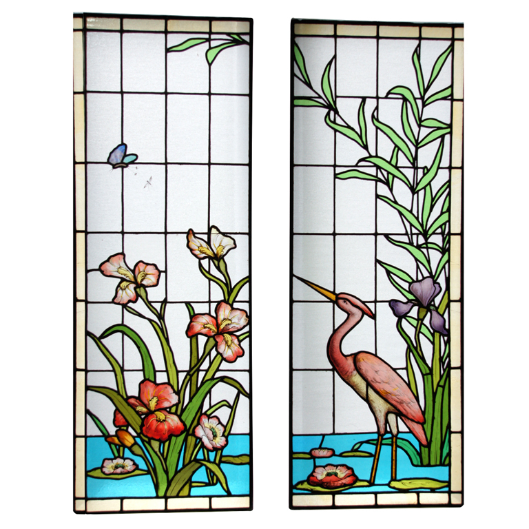 Stained leaded glass window panels landscape heron and iris