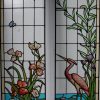 Stained leaded glass window panels landscape heron and iris