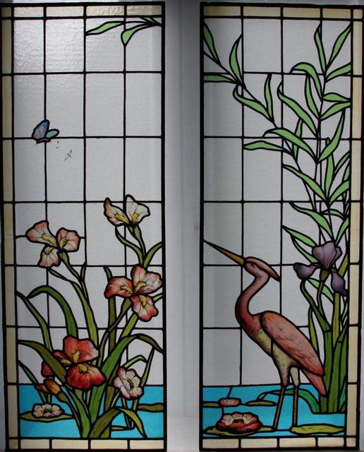 Stained leaded glass window panels landscape heron and iris