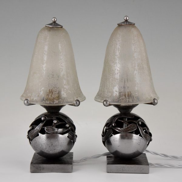 Art Deco lampen paar Mistletoe smeedijzer en glas