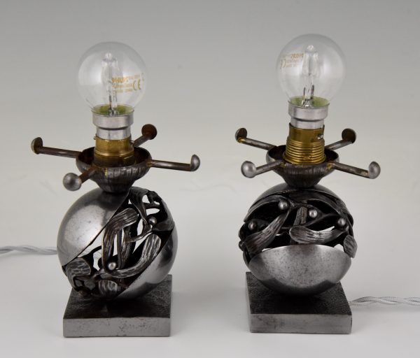 Pair of Art Deco Mistletoe lamps wrought iron and glass