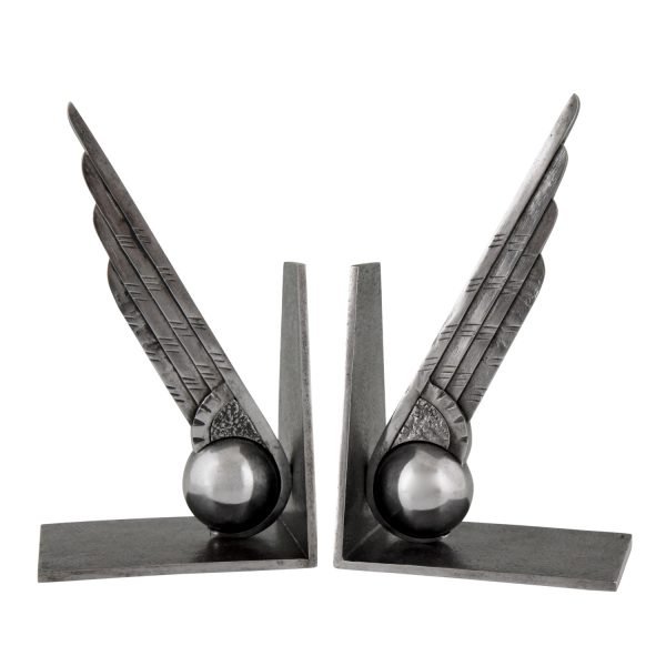 Art Deco wing and ball wrought iron bookends