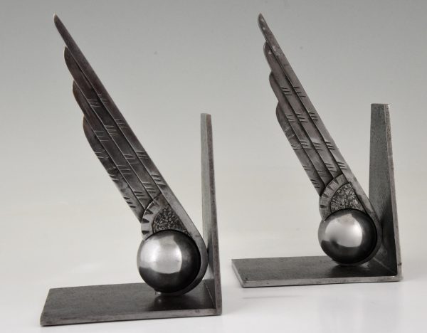 Art Deco wing and ball wrought iron bookends