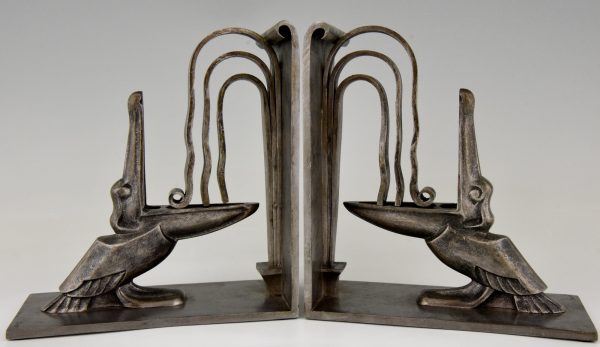 Pair Art Deco wrought iron pelican bookends