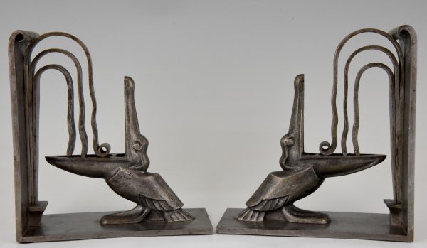 Pair Art Deco wrought iron pelican bookends