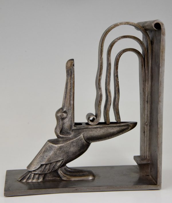 Pair Art Deco wrought iron pelican bookends