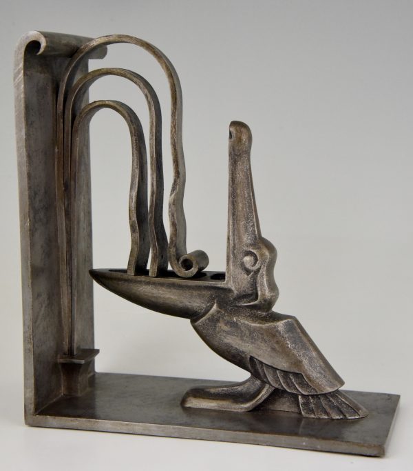 Pair Art Deco wrought iron pelican bookends