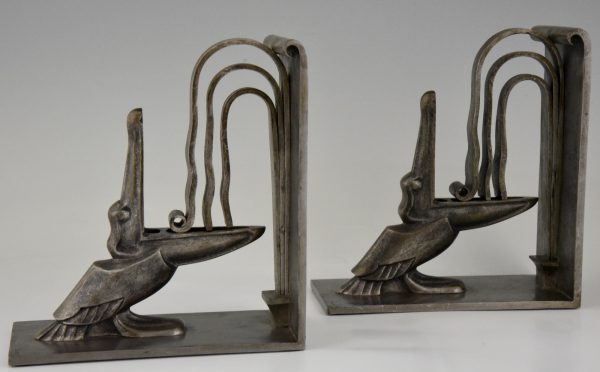 Pair Art Deco wrought iron pelican bookends