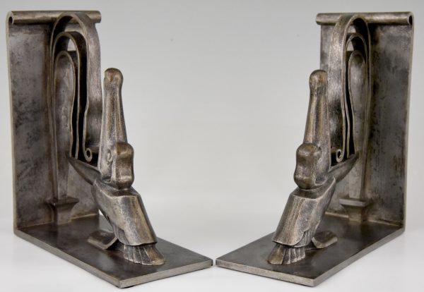 Pair Art Deco wrought iron pelican bookends