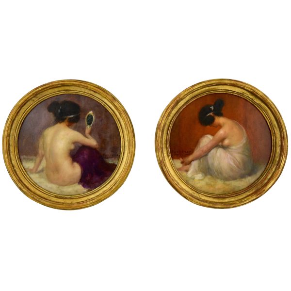 Art Nouveau pair of circular oil paintings with nudes