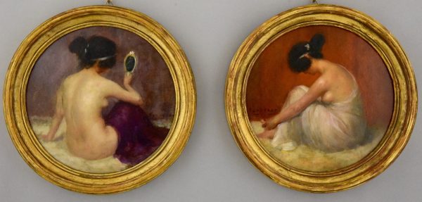 Art Nouveau pair of circular oil paintings with nudes