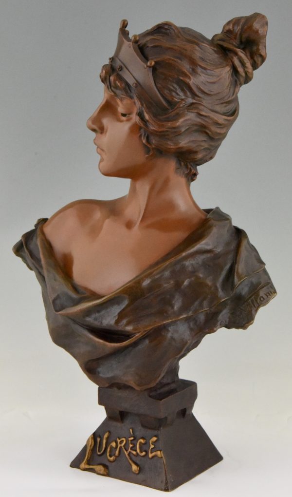 Art Nouveau bronze buste de femme avec couronne Lucrece