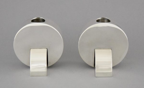 Art Deco Modernist pair of silvered candlesticks.