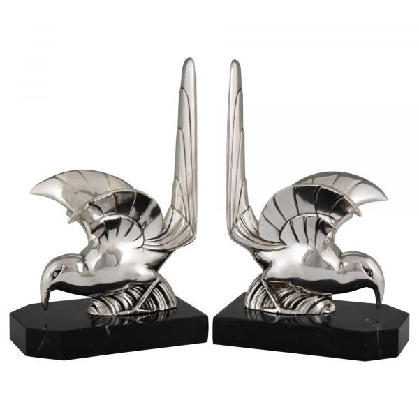 Art Deco serre-livres oiseaux, metal argenté