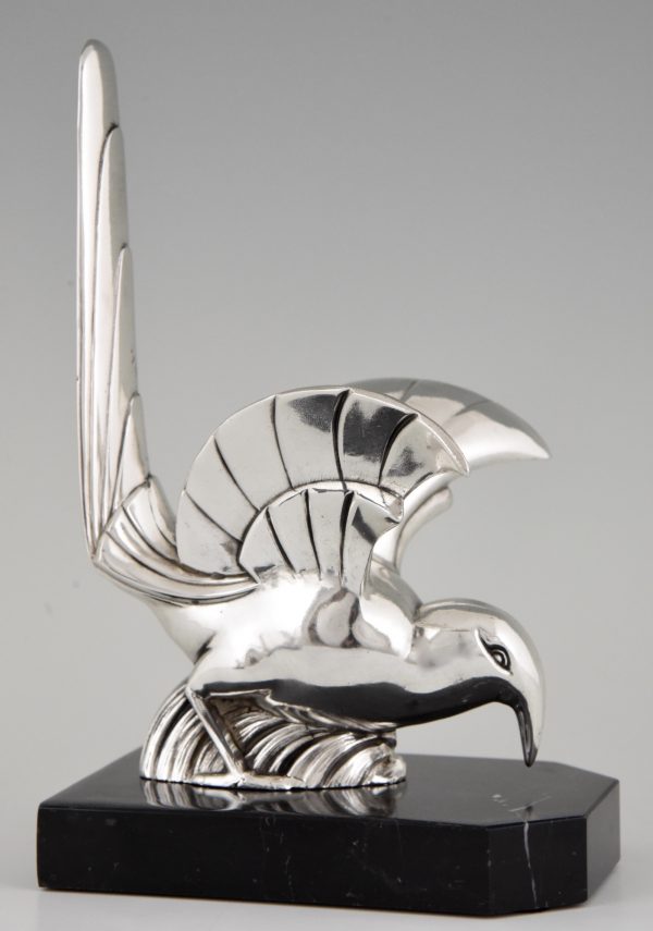 Art Deco Buchstütze Vögel, versilbert