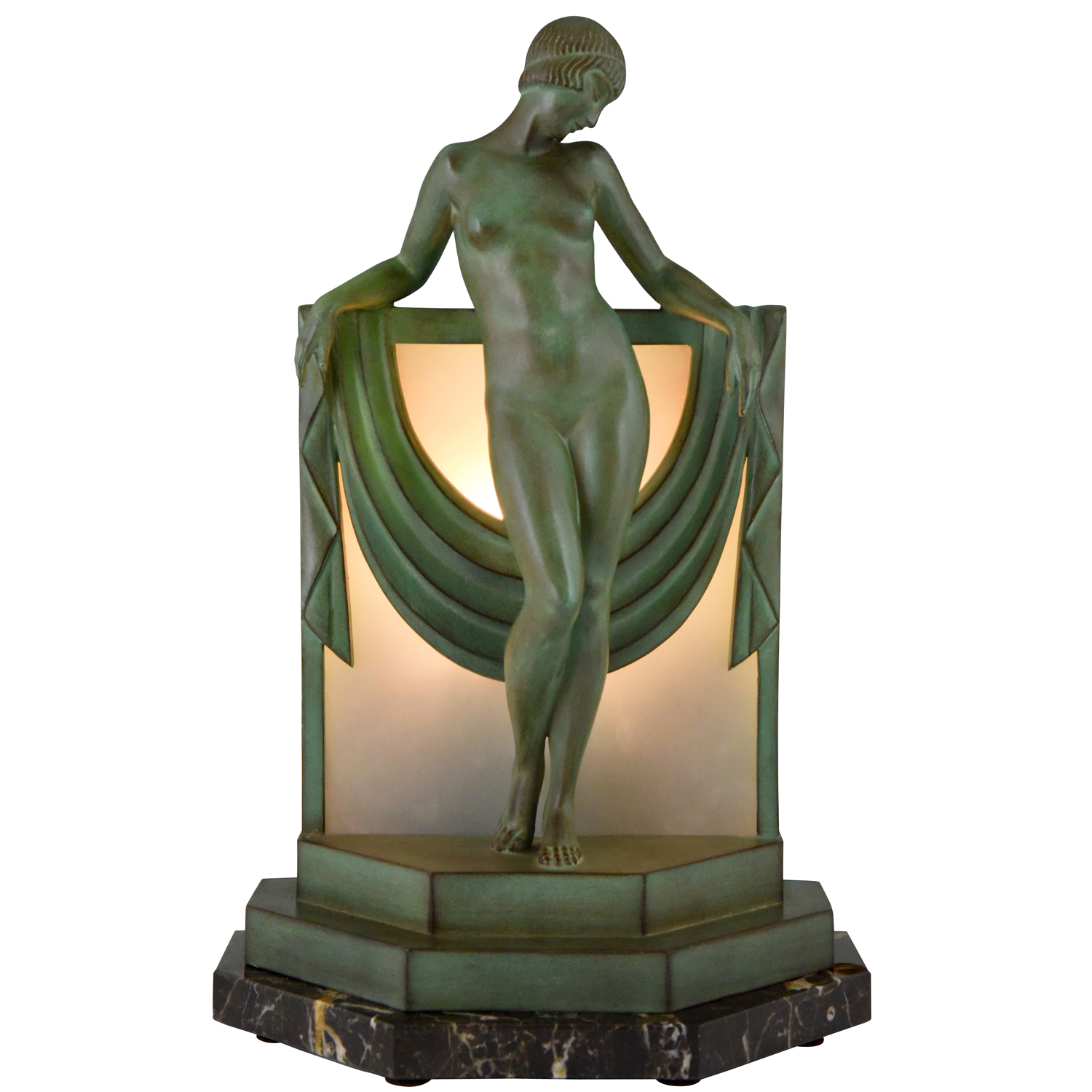 Art Deco lamp sculpture nude with scarf.